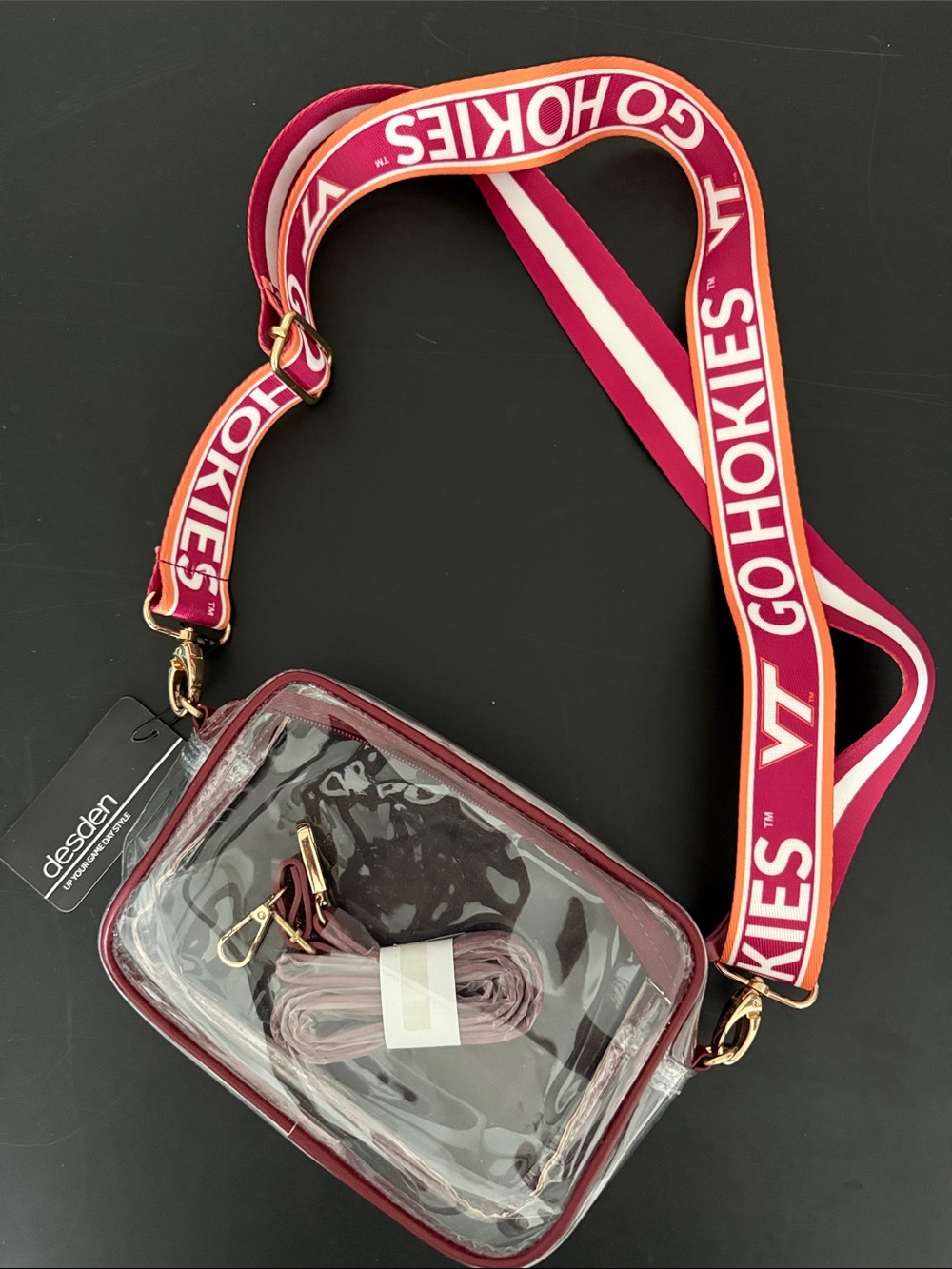 Desden Virginia Tech Clear Stadium Crossbody Bag w/ Maroon Go Hokies Strap NWOT